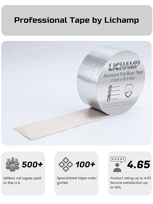 Lichamp Aluminum Butyl Tape, Waterproof Butyl Aluminum Foil Tape 2 inches x 16.4ft for RV Repair, Roof, Window Patch, Boat and Outdoor Pipe Sealing