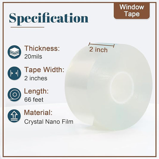 Window Sealing Tape 2 Inch x 66 FT Transparent Weather Stripping Residue-Free Clear Window Insulation Tape for Windows ac Insulation Glass Gaps Tape Door Windproof