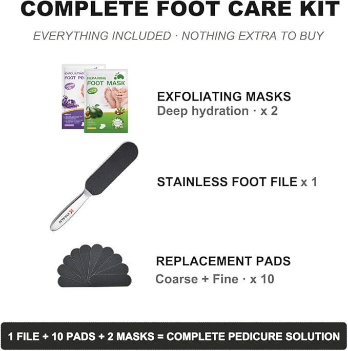 Stainless Foot File Callus Remover for Cracked Heels & Dead Skin — Pedicure Rasp with 10 Replacement Pads & 2 Exfoliating Foot Masks, Sandal Season Foot Care Kit (3in1 Set)