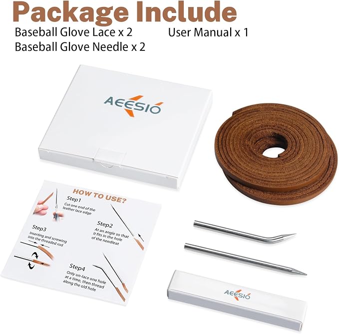 Softball Baseball Glove Lace, Mitt Lace Repair Kit Includes 2 Leather Laces and Lacing Needle for Catcher's Glove
