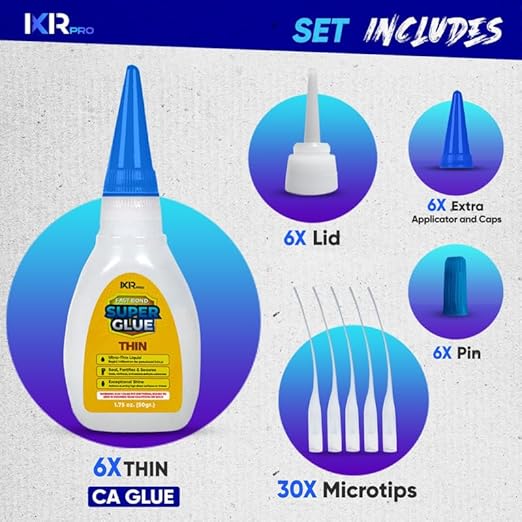 CA Glue Thin Viscosity Kit (6x1.75 oz.) Cyanoacrylate Glue, Super Glue for Precision Repairs, Wood, Plastic, Model Building, Crafts, and 3D Printing, Fast-Drying Adhesive for Tight Spaces and Cracks