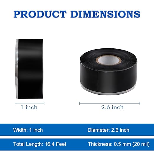 Self Fusing Silicone Tape 1''x16.4 FT Waterproof Self-Amalgamating Repair Tape for Plumbing, Hose, Pipeline & Electrical Cable Winding Emergency Leak Seal for Hot Cold Pipes (0.5mm Thickness)