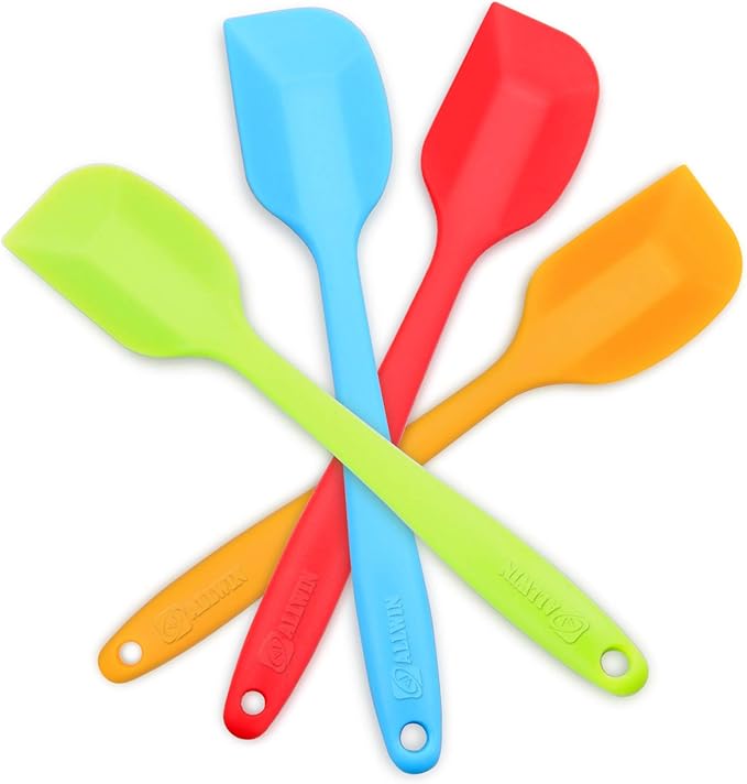 4‑Piece Silicone Spatulas Set Heat Resistant 600°F Seamless Steel‑Core Rubber Spatulas for Nonstick Cookware ALLWIN HOUSEWARE Uniform Length Kitchen Spatulas for Cooking & Baking, Small, Multi-colored