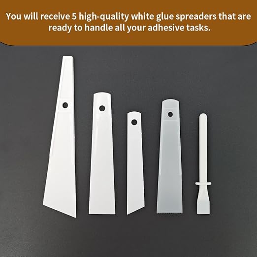 5Pcs White Plastic Glue Spreader Smear Plate Scraper Sticks Brushes Durable Flexible Easy to Clean Glue Applicator Spatula Kit Gap Filling Tool for Woodworking Leather Adhesive Projects,5Size