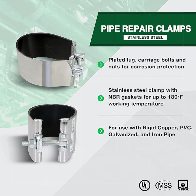 Highcraft Pipe Repair Clamp 4'', IPS Single Bolt, 3” Long, Stainless Steel (5 Pack)