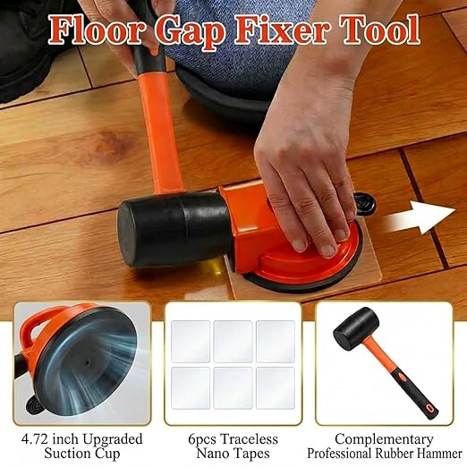 Floor Gap Fixer Tool with Rubber Hammer & 6 Reusable Adhesive Pads, Enhanced Suction Cup Floor Suction Cup Tool, Laminate FloorGap RepairTool for Laminate, Wood, Tile & Vinyl Flooring