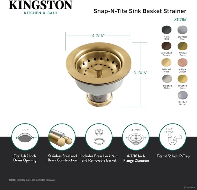Kingston Brass K112PB Tacoma Kitchen Sink Basket Strainer, Polished Brass 4.44 x 4.44 x 3.81