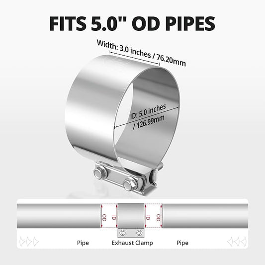 EVIL ENERGY 5.0 Inch Exhaust Clamp, Butt Joint Band Clamp Sleeve Coupler Stainless Steel for Pipes, Mufflers,Catalytic Converters 2PCS