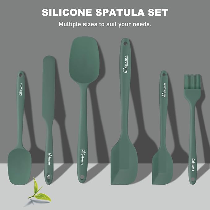 NileHome Silicone Spatula Set, 6 Pieces Food Grade Kitchen Utensils with Silicone Brush Heat Resistant Dishwasher Safe BPA-Free Rubber Spatula for Scraping, Baking, Cooking, Mixing-Green