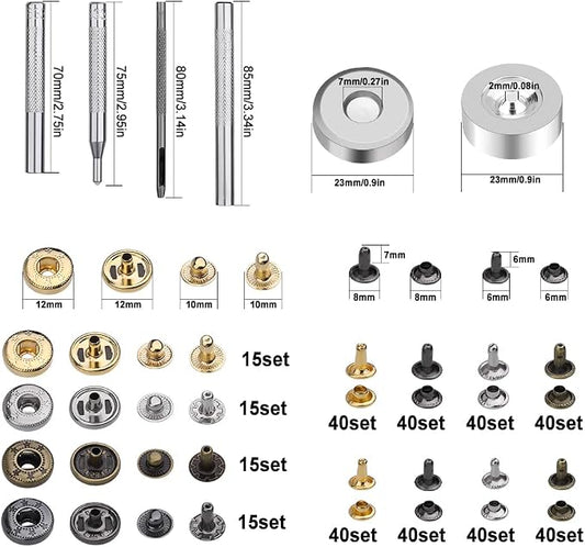 Yizzvb 320 Pcs Leather Rivets Kit, 60 Pcs Leather Snap Fasteners, 2 Size Double Cap Rivets Tubular, Double-Sided Nylon Hammer Fixing Tool Kit, Installation Tools for DIY Projects, Shoes and Repair