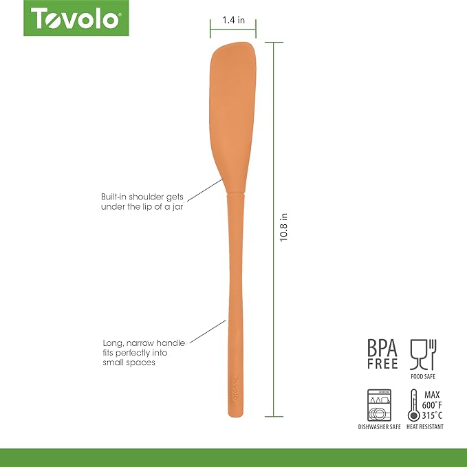 Tovolo Silicone Jar Spatula Long Handled Rubber Scraping Scooping Tool for Peanut Butter Jam Jelly Jars Blenders, Extra Long Flex Core Silicone Jar Scraper Dishwasher Safe BPA Free, Apricot Orange