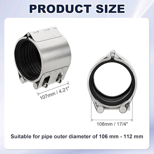 HARFINGTON Pipe Repair Clamp 4-1/4" OD 106mm-112mm 304 Stainless Steel Leak Sealer Emergency Pipe Repair for Plastic Metal Tubing Water Gas Oil Lines, Silver