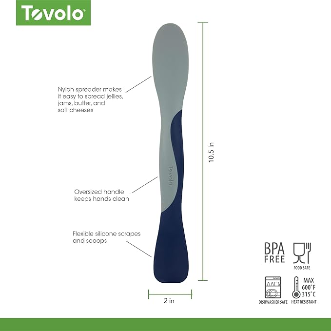 Tovolo Scoop and Spread Large Dual End Silicone Sandwich Spreader Tool with Nylon Handle, BPA Free Dishwasher Safe Silicone and Nylon Tool for Spreading and Scooping, Deep Indigo and Oyster Gray