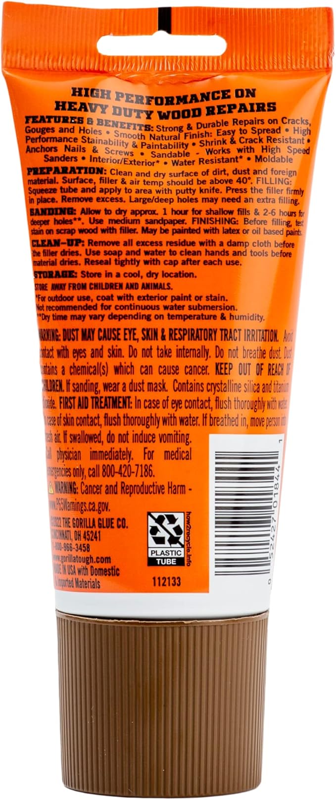 Gorilla All Purpose Wood Filler, Walnut Color, 6 Ounce Tube (Pack of 2) - Water Resistant for Indoor or Outdoor Projects and Repairs