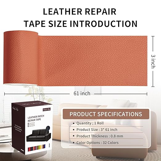 Leather Repair Patch Tape, Orange 3 x 61 Inches Self Adhesive Leather Repair Kit for Furniture, Car Seat,Vinyl Leather Repair Kit for Office Chairs, Couch, Sofa, Luggage