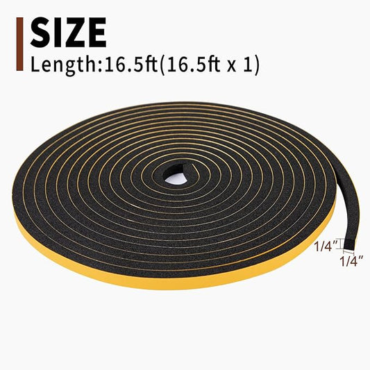 Yotache Foam Weather Stripping 1/4" W X 1/4" T, New Adhesive Craft, Insulation Soundproofing Strips Tape Gasket Seal for Door Frame and Window, Sliding Door Jamb, 16.5 Ft Length