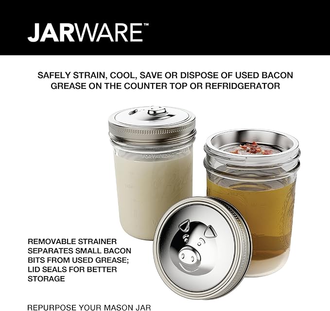 Jarware Stainless Steel Kitchen and Bacon Grease Strainer Lid For Wide Mouth Mason Jars, 3.38" x 1" Grease Keeper Lid
