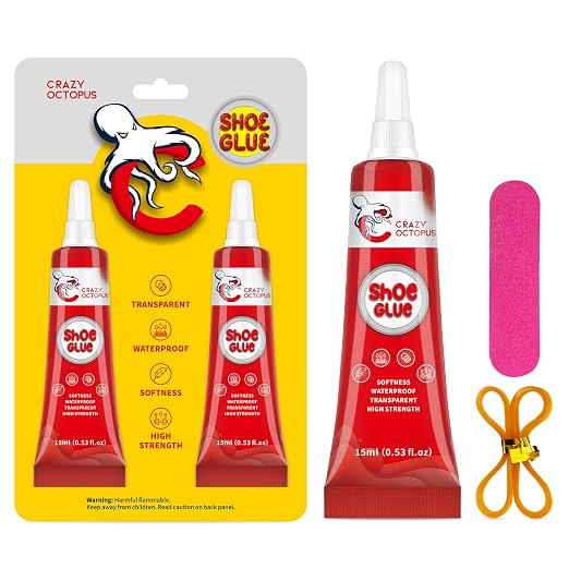 Shoe Glue, Strong Clear Shoe Repair Glue for Sneakers, Boots, Handbags, Soles, Heels, Super Glue for Shoes, Works on Leather, Rubber, Canvas, 15ml Tube x 2