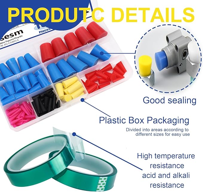 Tnisesm 109Pcs Silicone Rubber Tapered Plug Assortment Kits 1/16" to 5/8" with PET Masking Tape for Masking Off Holes During Powder Coating, Painting, Hydro Dipping, Media Blasting
