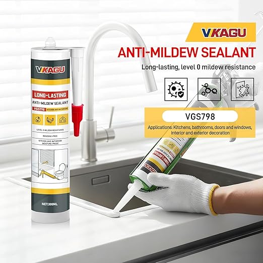 VGS 798 Professional Grade Silicone Sealant Caulk, 10.15 oz, White, 100% Waterproof, Shrink-Resistant & Crack-Resistant for Indoor Use