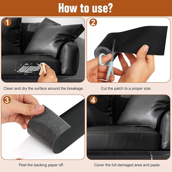 ILOFRI 16x30'' Self Adhesive Leather Repair Patch Tape, Vinyl and Leather Repair Kit for Couches, Furniture, Car Seat, Boat Seat, Sofa, Vinyl Upholstery, Chair, Interior (Dark Black)