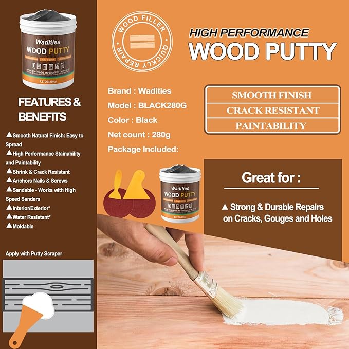 Wadities Black Wood Filler, Black Wood Putty, Paintable Stainable Wood Repair Putty, 9.87 Ounce Wood Furniture Repair kit, Quickly Repair Wood Cracks and Holes on Wooden Floor Furniture (Black)