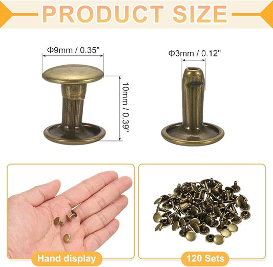uxcell 120Set Leather Rivets, 9mm Double Cap Rivet Tubular Metal Studs Repairs Decoration Craft Accessories for Repair Decorate Leather Craft Belt Bag Shoes Purse Belts, Bronze