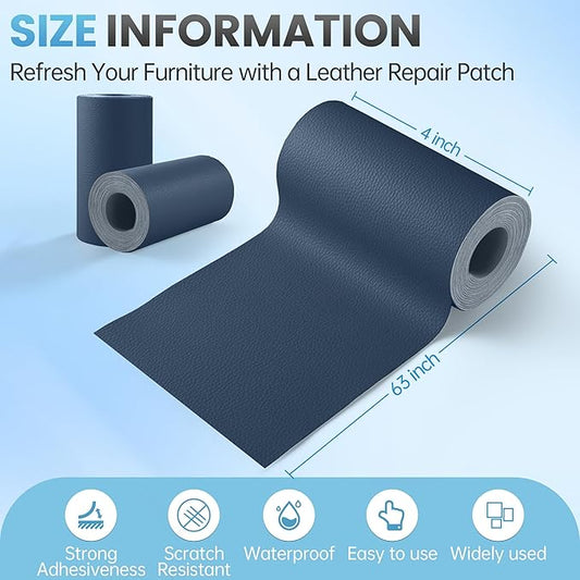 Leather Repair Patch Tape Kit, 4" x 63" Self Adhesive Leather Repair Patch for Furniture, Vinyl Leather Repair Kit for Car Seat, Chairs, Couch, Sofa, Boat Blue