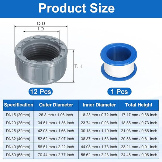 uxcell 12Pcs 3/4 Inch PT Female Thread PVC Pipe Fitting Cap, Cleanout Water Drain End Caps, Pipe Plug Socket Fittings with Tape for Water Heater Supply Lines, Plumbing, Gray