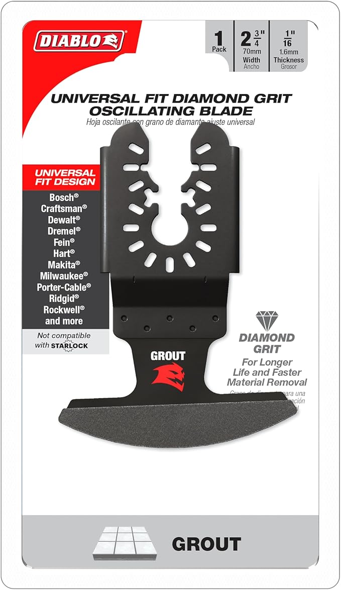 Diablo Universal Fit Diamond Grit Oscillating Blade for Grout Removal - 2-3/4" Cutting Width, 1/16" Grout Thickness - DOU16DGX