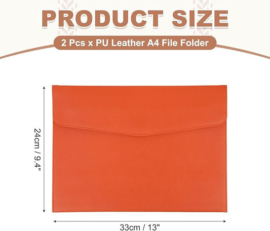 PATIKIL 2Pcs PU Leather A4 File Folder, Document Holder Envelope Waterproof Napa Texture Filing Organizer Portfolio Folder Case with Magnetic Snap Closure for Home Office, Orange