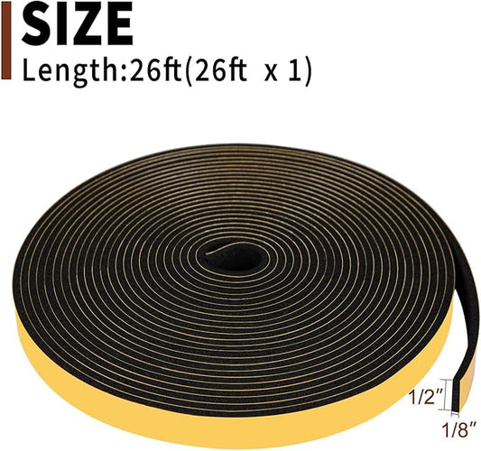 Yotache Foam Weather Stripping Seal Tape 1/2" W X 1/8" T for Doors and Windows Gasket Insulation Soundproofing, 26 Ft Length