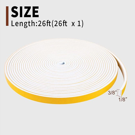 Yotache Weather Stripping Door Seal Strip White 3/8" x1/8", Foam Insulation Tape Gasket for Door Frame and Windows, 26Ft Length