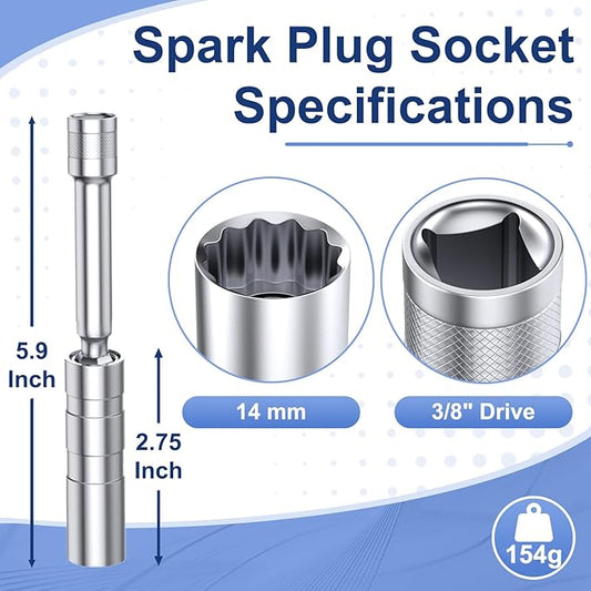 14mm Spark Plug Socket, Thin Wall 3/8" Drive Spark Plug Socket Removal Tool, 12 Point x 5.9" Total Length, 360 Degree Magnetic Swivel 9/16" Spark Plugs Socket for Most Car Models