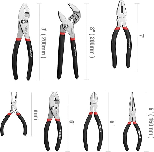 WORKPRO 7-piece Pliers Set with Groove Joint, Long Nose, Slip Joint, Linesman, and Diagonal Pliers for DIY & Home Use, Black