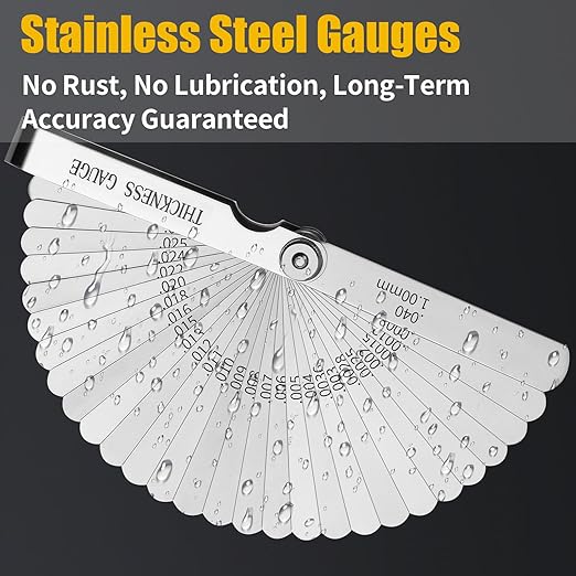 2pcs Feeler Gauges Set Stainless Steel, 32 Straight & 16 Angled Blades, Dual Marked SAE/Metric Wider Range Spark Plug Gap Tool, Filler Gauges Kit for Valves, Automotive, Piston, Guitar