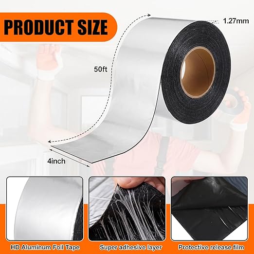 2 Pcs 50 Mil Heavy Duty Aluminum Foil Rubber Tape, Waterproof, for Sealing Roof Flashing, and Repairs in Punctures in Trailers, Truck Bodies, Containers, RVs and Campers (4" X 50')