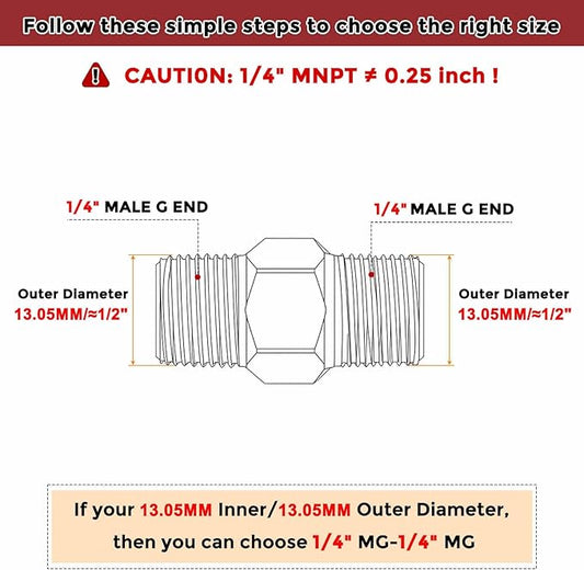 Pack of 1, 1/4" Male G to 1/4" Male G Solid Brass Hex Nipple Hose Connectors, Male Pipe Adapter for Pipe Leak Repair, Bathroom Remodeling, Tool Extensions, Compression