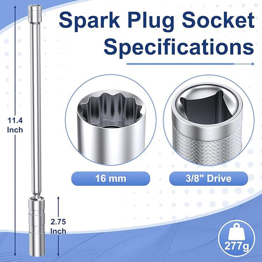 16mm Spark Plug Socket, Thin Wall 3/8" Drive Spark Plug Socket Removal Tool, 12 Point x 11.4" Total Length, 360 Degree Magnetic Swivel Spark Plugs Socket for Most Car Models