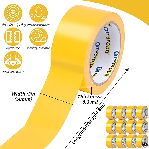 Oleitodh 12 Pack Yellow Duct Tape Heavy Duty,8.3 Mil Thickness,2 Inches x 60 Yards,Strong Industrial Strength,Flexible,No Residue,Waterproof and Tear by Hand,Multi-Use for Indoor & Outdoor Repairs