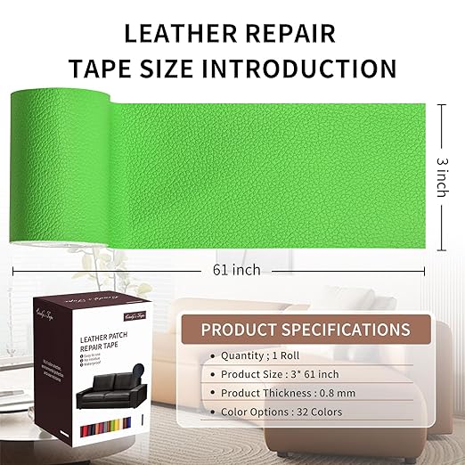 Leather Repair Patch Tape, Green 3 x 61 Inches Self Adhesive Leather Repair Kit for Furniture, Car Seat,Vinyl Leather Repair Kit for Office Chairs, Couch, Sofa, Luggage