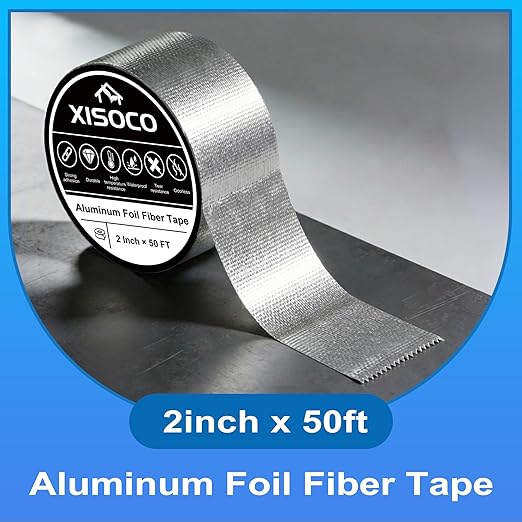 2Inch × 50FT Aluminum Foil Fiber Tape, for Duct Work, HVAC Fiberglass Heat Shield Tape, Greenhouse Sealing Tape, Heavy Duty Waterproof Silver Aluminum Foil Fiber Seal Tape