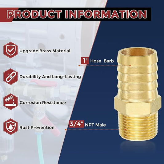 Pack of 4 Brass Hose Barb Fittings Adapter Connector 1" Hose Barb to 3/4" NPT Male Fittings for Home Machines, Massage Bathtubs, and Irrigation Systems