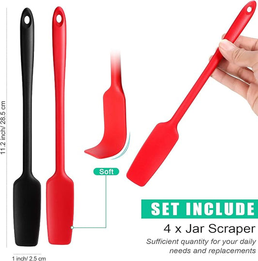 Patelai 4 Pieces Silicone Jar Spatula with Long Handle Heat Resistant Kitchen Scraper Spatula Non Stick Rubber Silicone Scraper for Jam Smoothies Blenders Cooking Baking Stirring (Red,Black)