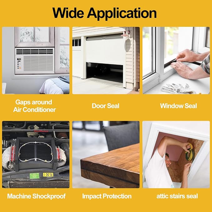 High Density Foam Tape Air Conditioner Window Seal, 1x1 Inch Thick Foam Stripe with Adhesive for Window AC Insulation, Weather Stripping for Doors and Windows Insulation, AC Foam Tape, Black