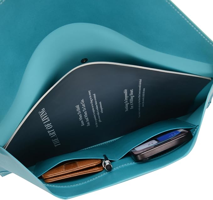 Wonderpool Envelope Case A4 PU Leather File Jacket Pocket Folder Document Case Bag with Removable Hand Strap and 4 Pocket for Documents Tablet Phone Stationery (Cyan)