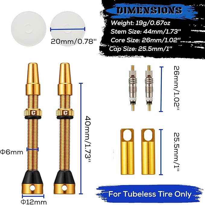 Corki Cycles Tubeless Presta Valve Stem 40 44 55 60 80 100mm with 2PCS Valve Core and 2PCS Remover Tool (Black Red Gold Rainbow)