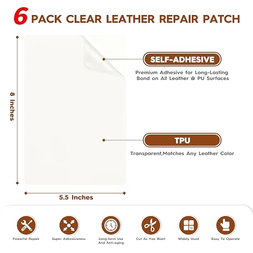 Transparent Leather Repair Patches, 5.5" x 8", 6 Sheets, Self-Adhesive Leather Repair Kit for Furniture, Sofas, Car Seats, Office Chairs and Vinyl Repair.(Semi-Transparent)