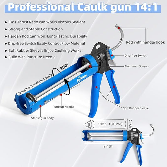 Professional Caulk Guns, Heavy Duty Caulking Gun,Thrust Ratio 14:1,No-drip Rotating Barrel,10OZ Silicone Sealant gun, Come with Putty Knife,Caulk Finishing,Smoothing&Grout Removal Tool Kit
