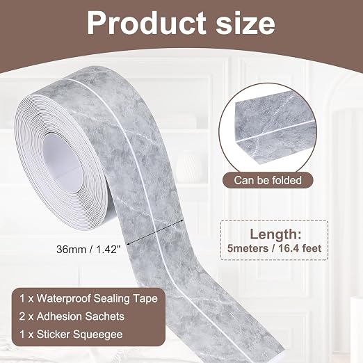 uxcell Caulk Tape Waterproof, 1.42 Inch x 16.4 ft Self-Adhesive Sealant Sealing Strip Caulking Sealant Tape PVC with Tool for Kitchen Sink Toilet Bathroom Bathtub Floor, Gray Marble